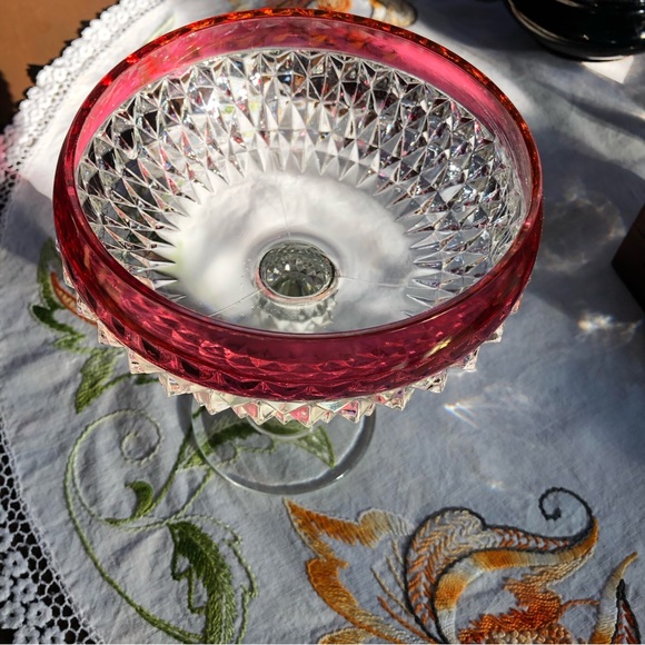 Vintage Indiana Glass Diamond Cut Pedestal Compote Dish. Ruby Flashing. 7.5"Tall - Picture 4 of 15